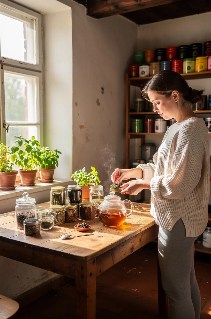 Šviesi ir jauki namų aplinka, kurioje vyksta arbatos gėrimo ritualas, skatinantis kasdienio stabilumo jausmą.