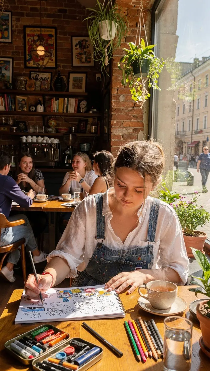 Žmogus rašantis dienoraštį apie savo savęs priežiūros praktiką, su arbatos puodeliu šalia.