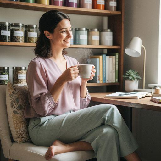 Žmogaus ranka, laikanti arbatos arbatinuką, parodanti dėmesį savęs priežiūrai namų aplinkoje.