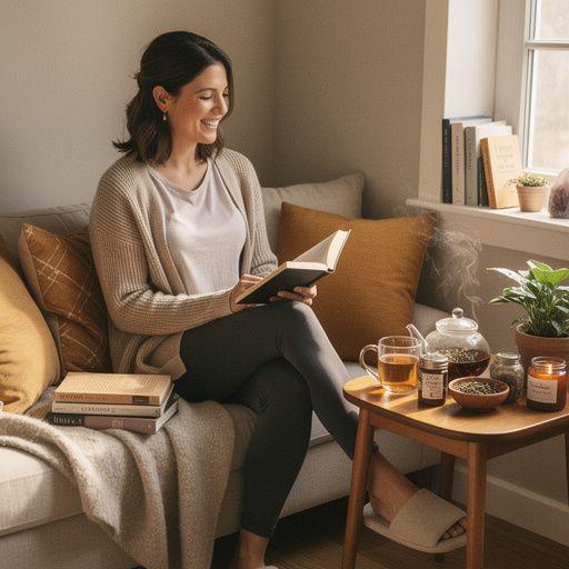 Ryški, jauki namų aplinka su arbatos puodeliais ir žvakėmis, skatinanti kasdienį komfortą ir stabilumą.